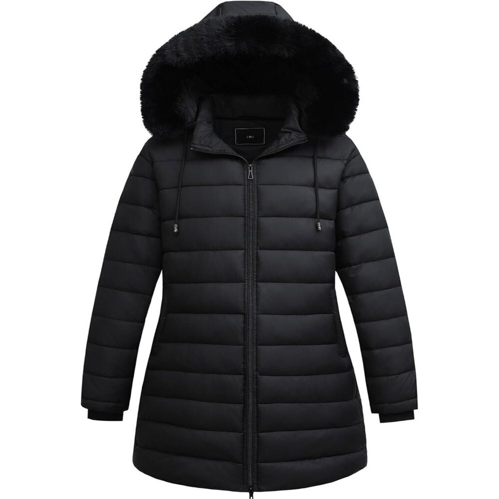 Women’s Flannel Lined Detachable Black Down Hood Jacket Coat Fur Trim Stylish